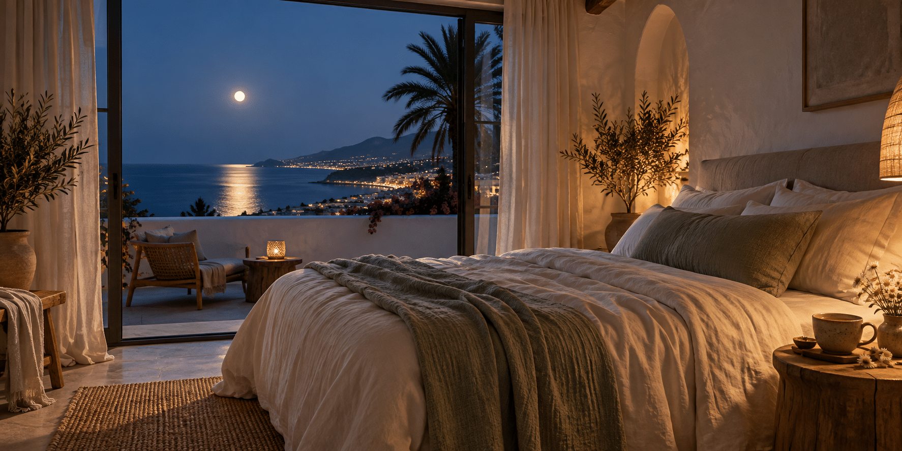 A calm bedroom overlooking the Costa del Sol at night